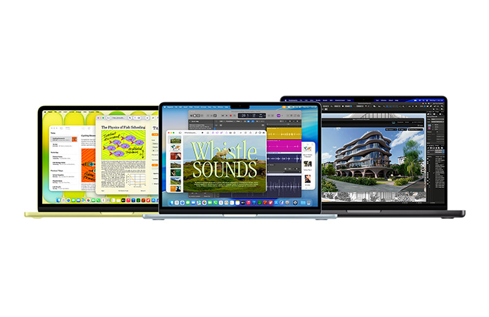 MacBook Neo สีซิตรัส, MacBook Air สีเงิน และ MacBook Pro สีดำสเปซแบล็ค แสดงให้เห็นถึงประสิทธิภาพที่หลากหลายในตระกูล Mac