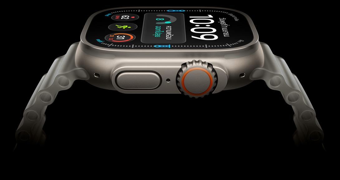 Apple Watch Ultra 4, titanium case, natural color, digital clock face, complications: readiness, heart rate, Workouts, UV, right side exterior, Digital Crown, raised side button, Ocean Band, translucent gray color