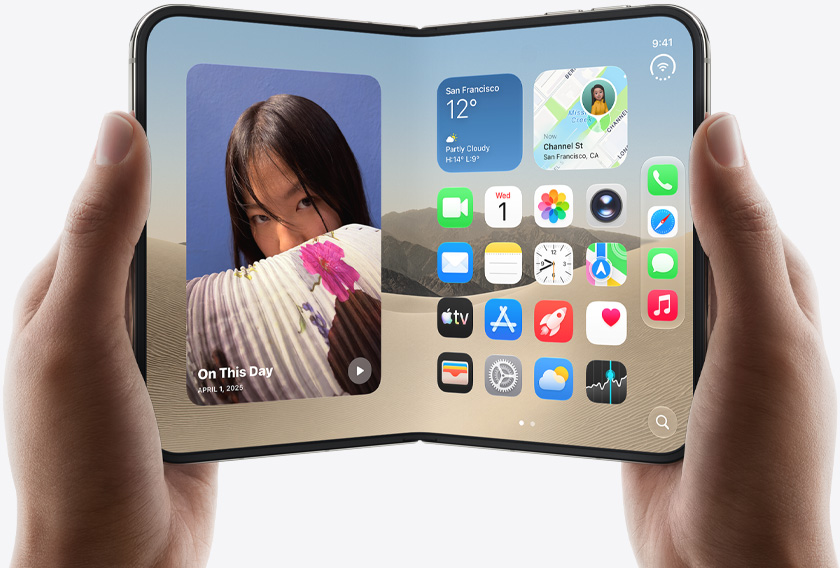 Two hands hold an open iPhone Duo, left screen displays a photo of a woman, right screen shows a home screen with various app icons, including Messages, Photos, Camera, and App Store