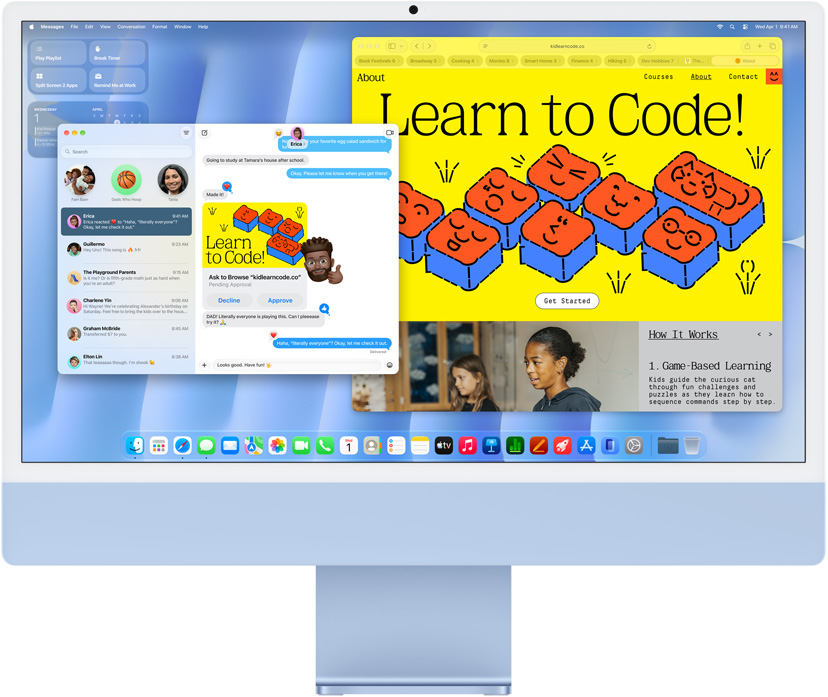 iMac, ภายนอกด้านหน้า, สีฟ้า, แสดงแอปข้อความและเว็บไซต์ 'เรียนเขียนโค้ด'