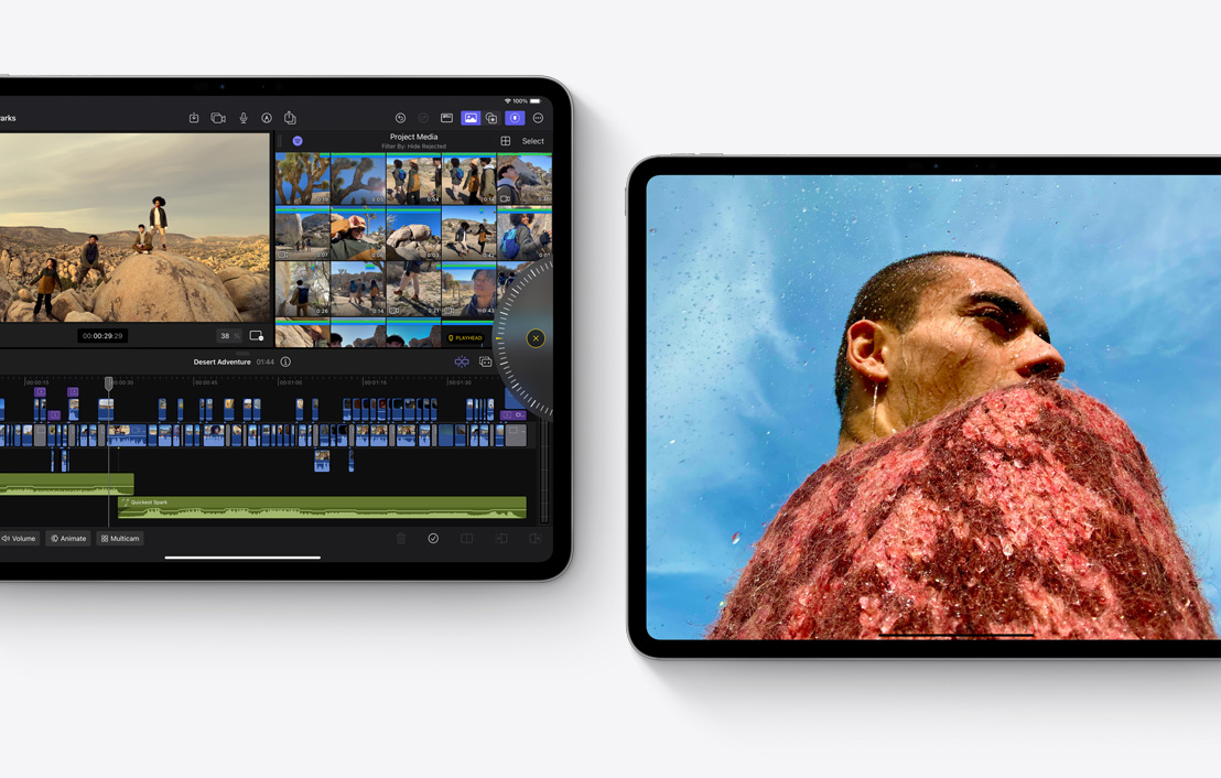 iPad Pro สองเครื่อง แสดงแอป Final Cut Pro 2.0 และแอปรูปภาพ