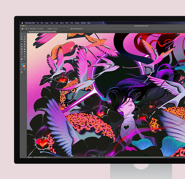 Studio Display, ซอฟต์แวร์ตัดต่อ Adobe Photoshop, งานศิลปะแนวแอ็บสแตรกต์แสดงอยู่บนหน้าจอ