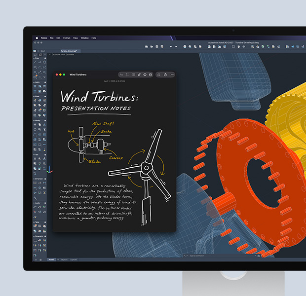 Studio Display, ซอฟต์แวร์ Autodesk AutoCAD เปิดอยู่, งาน STEM แสดงอยู่บนหน้าจอ, วางคู่กับแอปโน้ต