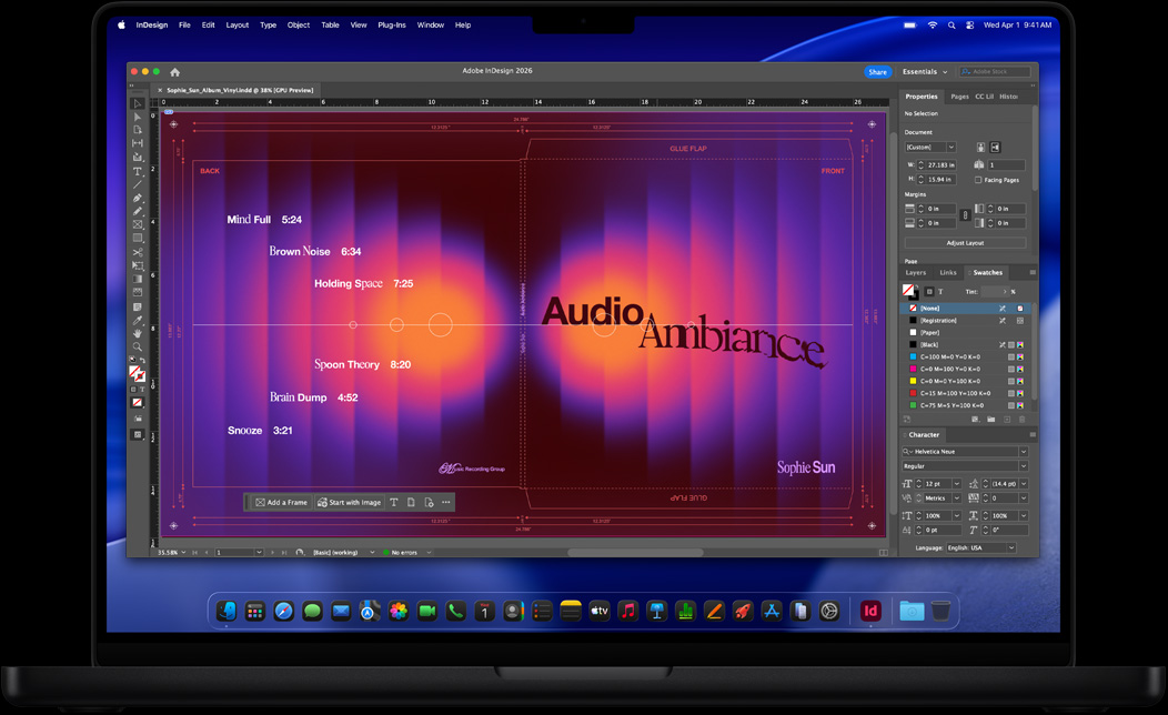 หน้าจอ MacBook Pro แสดงการใช้ Adobe InDesign เพื่อสร้างปกแผ่นไวนิล