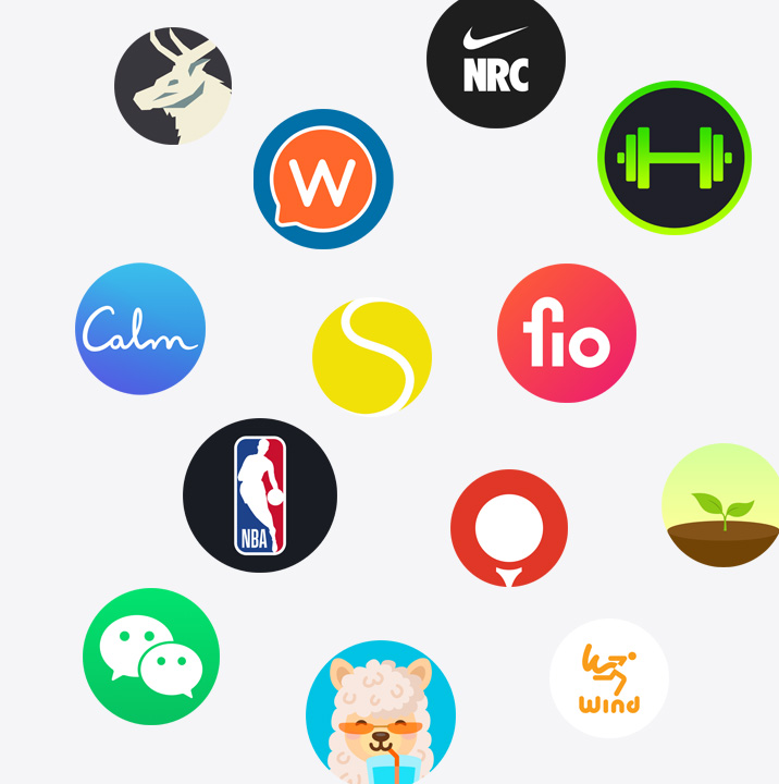 ไอคอนของแอป Apple Watch จาก App Store ChargePoint, Yelp, Nike Run Club, SmartGym, Calm, NBA, SwingVision, Oceanic+, WeChat, Waterllama, Golfshot, JetBlue และ AllTrails