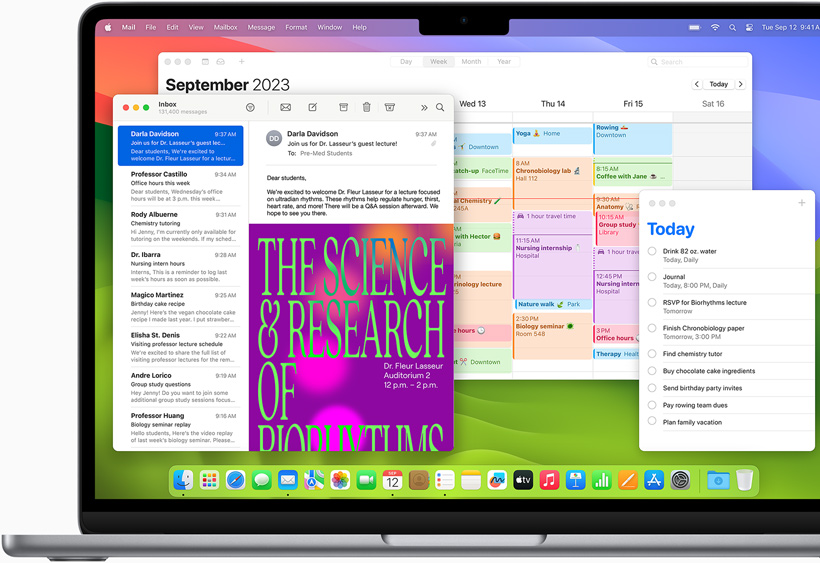 Mail, Takvim ve Anımsatıcılar uygulamaları bir MacBook Air’de gösteriliyor
