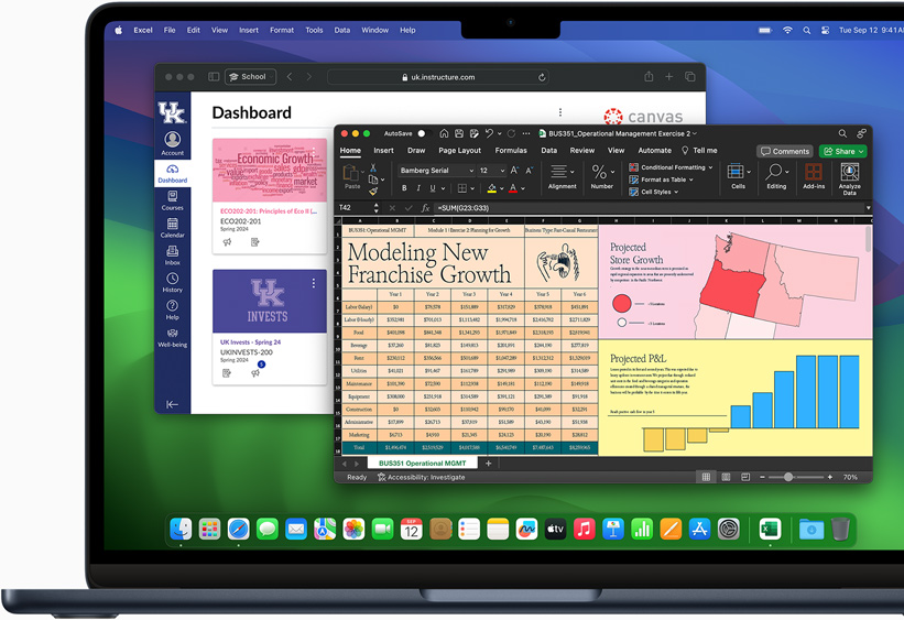 Microsoft Excel ve Canvas LMS, MacBook Air’de gösteriliyor