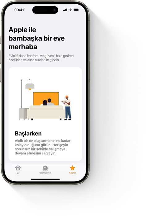 Ev uygulamasının “Başlarken” kullanıcı arayüzünü gösteren iPhone