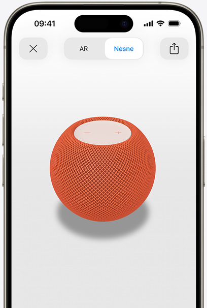 AR görünümünde, bir iPhone’un ekranında Turuncu renkte HomePod.