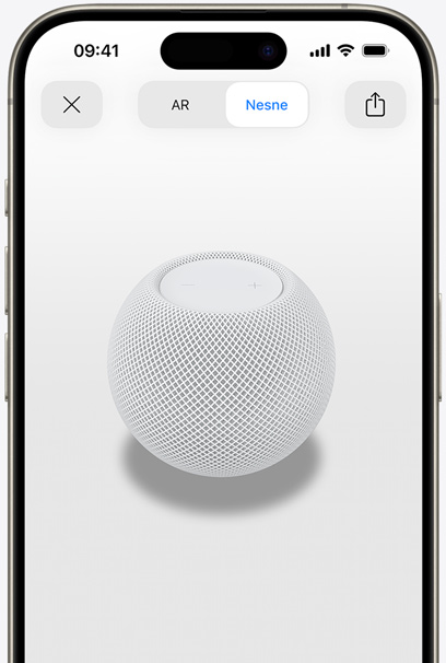 AR görünümünde, bir iPhone’un ekranında Beyaz renkte HomePod.