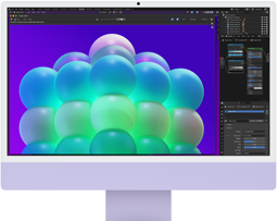 iMac, önden dış görünüm, mor, ekranında bir görsel düzenleme uygulamasında renkli baloncuklardan oluşan bir yapı gösteriliyor