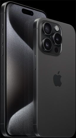 Siyah Titanyum rengindeki 6.7 inç iPhone 15 Pro Max’in önden, 6.1 inç iPhone 15 Pro’nun arkadan görünümü