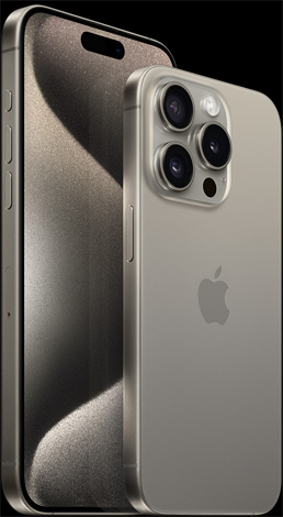 Natürel Titanyum rengindeki 6.7 inç iPhone 15 Pro Max’in önden, 6.1 inç iPhone 15 Pro’nun arkadan görünümü