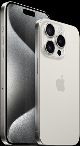 Beyaz Titanyum rengindeki 6.7 inç iPhone 15 Pro Max’in önden, 6.1 inç iPhone 15 Pro’nun arkadan görünümü
