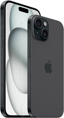 Siyah renkte 6.7 inç iPhone 15 Plus’ın önden görünümü ve 6.1 inç iPhone 15’in arkadan görünümü.