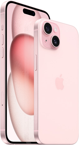 Pembe renkte 6.7 inç iPhone 15 Plus’ın önden görünümü ve 6.1 inç iPhone 15’in arkadan görünümü.