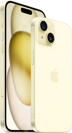 Sarı renkte 6.7 inç iPhone 15 Plus’ın önden görünümü ve 6.1 inç iPhone 15’in arkadan görünümü.