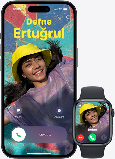iPhone 15 ve Apple Watch’tan aynı aramaların yanıtlanabildiği gösteriliyor