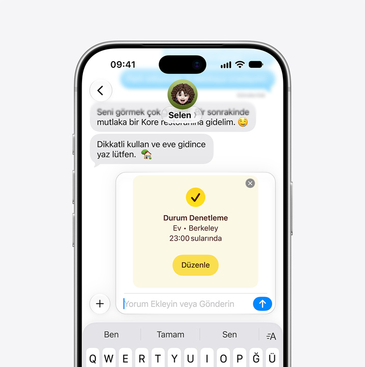 Mesajlar’daki yazışmada Durum Denetleme özelliğinin kullanıldığını gösteren iPhone ekranı