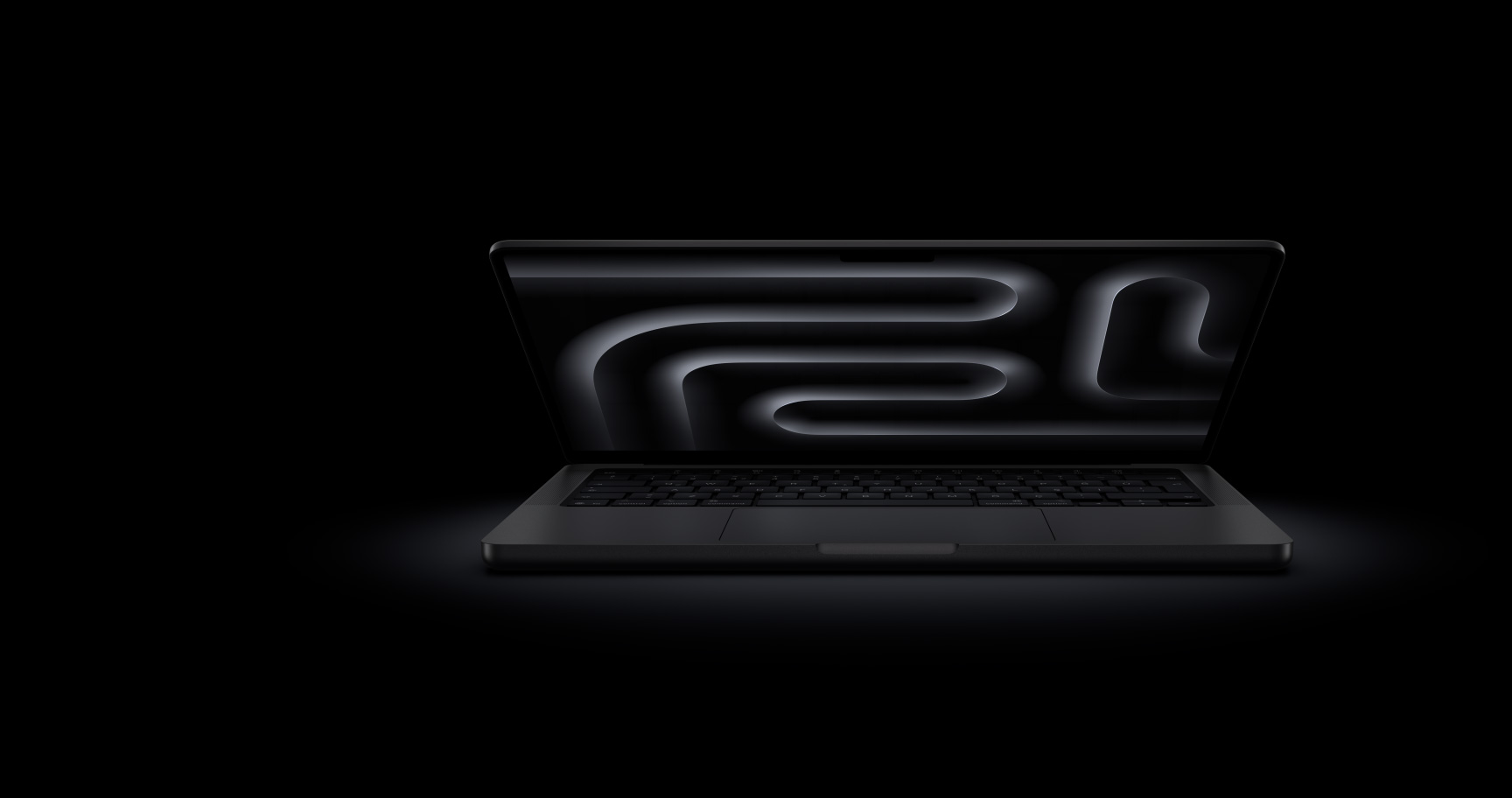 LUzay siyahı renginde ve açık durumdaki bir MacBook Pro’nun önden görünüşü