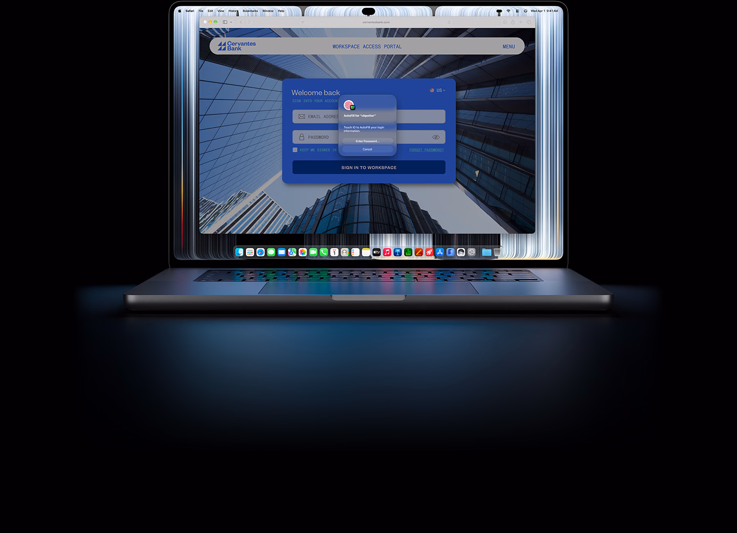 PROLED XDR Ekranlı MacBook Pro, küçük bir Safari penceresi üzerinde bir web sitesine giriş yapmak için Touch ID’yi kullanma veya bilgilerini girme seçenekleri gösteriliyor