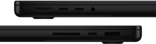 MacBook Pro’daki bağlantı noktaları gösteriliyor: Sol tarafta MagSafe, iki adet Thunderbolt bağlantı noktası ve kulaklık jakı; sağ tarafta SDXC, bir adet Thunderbolt bağlantı noktası ve HDMI