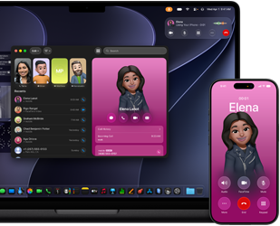 MacBook Pro ve iPhone, Telefon uygulaması açık, her iki ekranda aynı kişi gösteriliyor