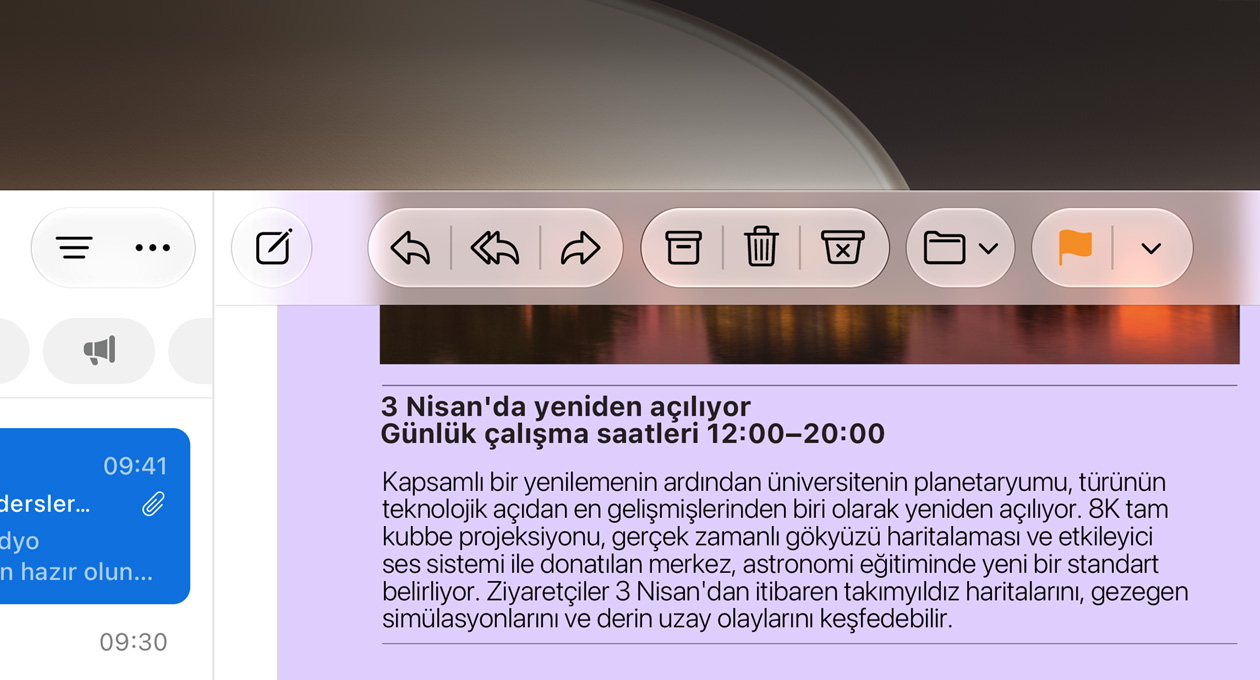 Mail uygulamasının yakın plan görüntüsü, bir üniversite haber bülteninin metni ve Mail uygulamasının düğmeleri benzersiz bir dokuya sahip ve inanılmaz derecede net görünüyor