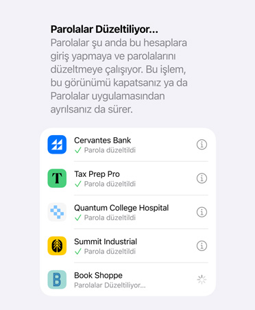 Parolalar uygulaması parolaları gözden geçiriyor ve bunları güvenlik açısından güvenliği artırılmış veya riskli parolalar olarak işaretliyor.