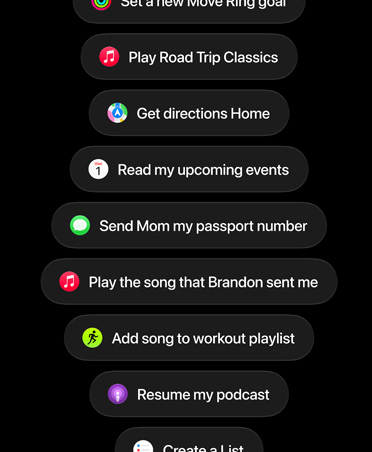 Ekranda Play Road Trip Classics, Get directions Home, Read my upcoming events, Add photo to Album, Send an Email, Add song to workout playlist, Resume my podcast gibi Siri AI talepleri görülüyor.