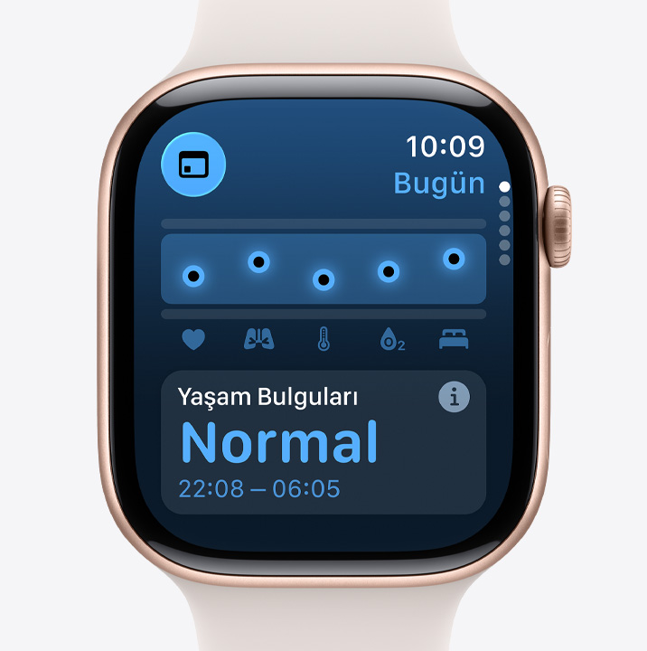 Apple Watch Series 11, alüminyum kasa, roze altın rengi, Yaşam Bulguları uygulaması, sağlık skoru grafiği, gece boyu ölçülen yaşam bulguları bildirimi