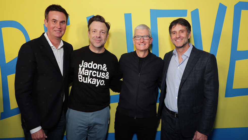 Zack Van Amburg, Jason Sudeikis, Tim Cook and Jamie Erlicht at the “Ted Lasso” season two premiere