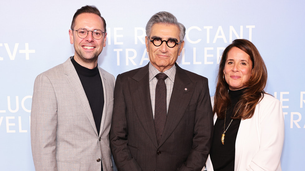 David Brindley, Eugene Levy and Alison Kirkham at Everyman Borough Yards in London for “The Reluctant Traveler”