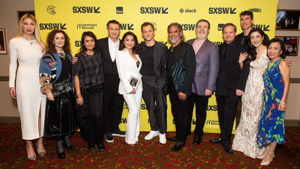 Polina, Gillian Berrie, Amanda Ghost, Gregor Cameron, Maya Rogers, Taron Egerton, Henk Rogers, Alexey Pajitnov, Jon S. Baird, Noah Pink, Ayane Nagabuchi and Akemi Rogers attend the world premiere of the Apple Original Film “Tetris” at the Paramount Theatre at the SXSW Film & TV Festival 2023. “Tetris” is coming to Apple TV+ on Friday, March 31.
