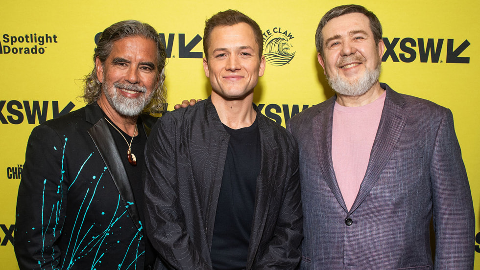 Henk Rogers, Taron Egerton and Alexey Pajitnov attend the world premiere of the Apple Original Film “Tetris” at the Paramount Theatre at the SXSW Film & TV Festival 2023. “Tetris” is coming to Apple TV+ on Friday, March 31.