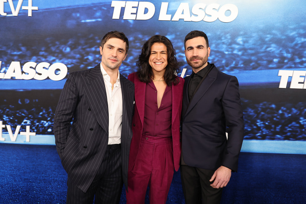 Phil Dunster, Cristo Fernández and Brett Goldstein at the Apple TV+ multiple Emmy Award-winning comedy “Ted Lasso” season three world premiere at the Regency Village Theatre in Los Angeles
