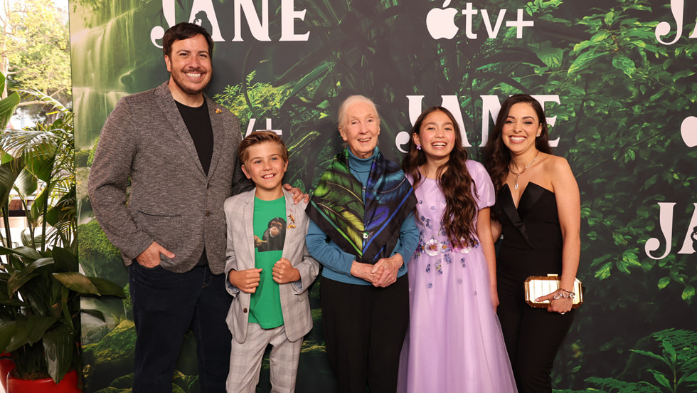 J.J. Johnson, Mason Blomberg, Dr. Jane Goodall, Ava Louise Murchison and Tamara Almeida attend the premiere of the Apple TV+ kids and family series “Jane” at the California Science Center. “Jane” season one debuts globally on Apple TV+ on Friday, April 14, 2023.