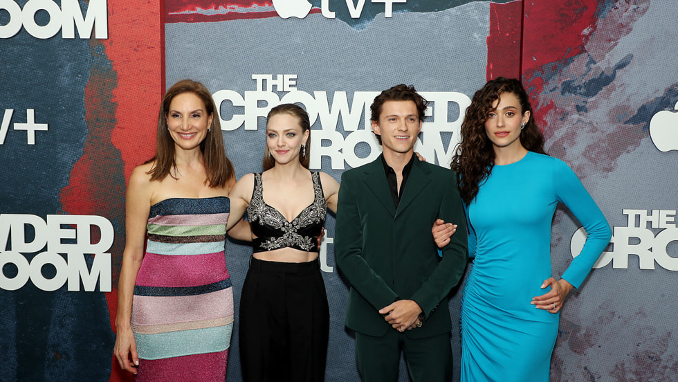 Alexandra Milchan, Amanda Seyfried, Tom Holland and Emmy Rossum at “The Crowded Room” premiere