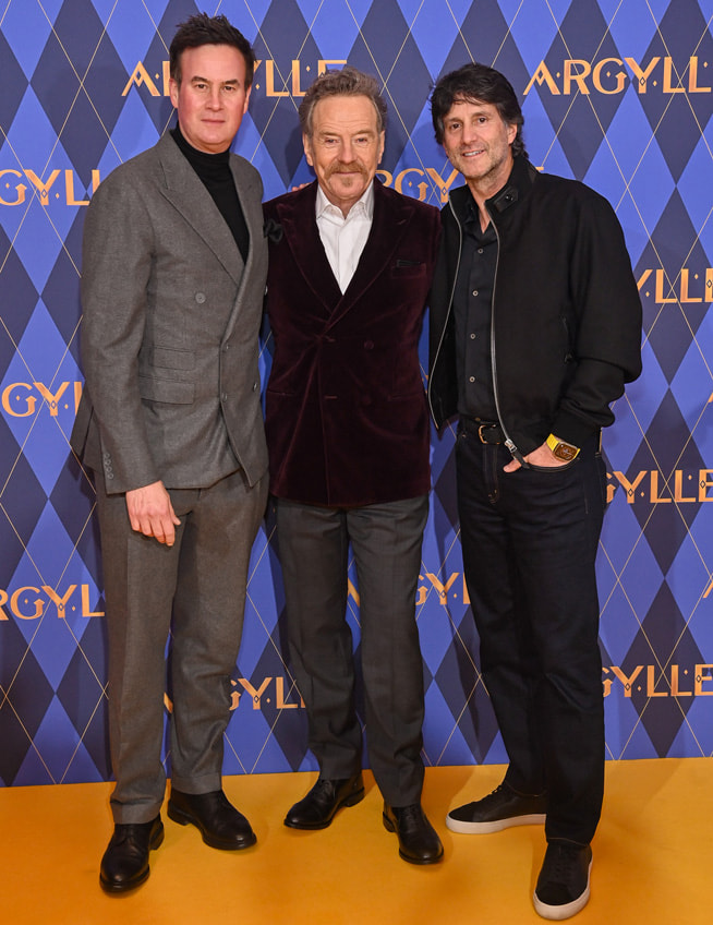 Apple Head of Worldwide Video Zack Van Amburg, Bryan Cranston and Apple Head of Worldwide Video Jamie Erlicht attend the global premiere of the Apple Original Film “Argylle” at Odeon Luxe Leicester Square on January 24, 2024 in London, England.