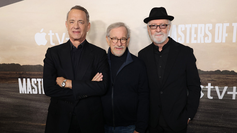 Tom Hanks, Steven Spielberg and Gary Goetzman attend the Apple TV+ “Masters of the Air” premiere event at the Regency Village Theatre on January 10, 2024 in Los Angeles, California. “Masters of the Air” will make its global debut on Apple TV+ on Friday, January 26, 2024. 