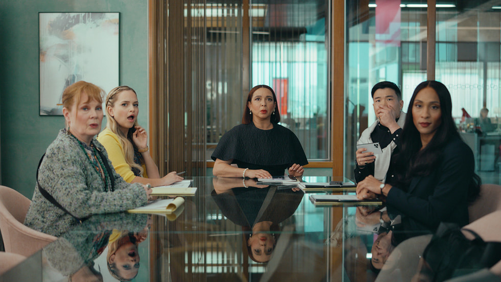 Meagen Fray, Stephanie Styles, Maya Rudolph, Joel Kim Booster and Michaela Jaé Rodriguez in “Loot” season two, premiering globally April 3, 2024 on Apple TV+.