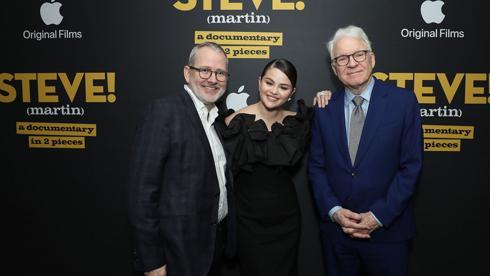 New York, NY - 3/29/24 - (L-R) Morgan Neville (Director, Producer), Selena Gomez and Steve Martin attend the Apple Original Films premiere of “STEVE! (Martin) a documentary in 2 pieces” at the Crosby Street Hotel in New York City. “STEVE! (Martin) a documentary in 2 pieces” is now streaming globally on Apple TV+.