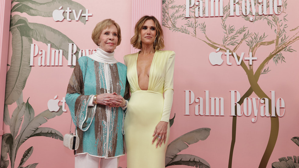 Carol Burnett and Kristen Wiig attend the world premiere of Apple TV+'s “Palm Royale” at the Samuel Goldwyn Theater on March 14, 2024 in Beverly Hills, California. “Palm Royale” debuts globally on Apple TV+ on Wednesday, March 20, 2024. 