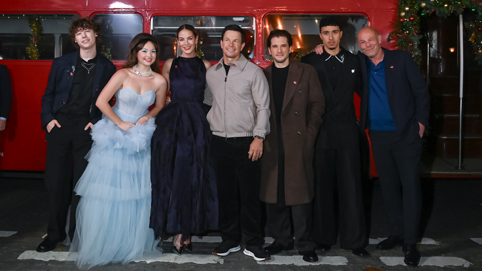 Van Crosby, Zoe Colletti, Michelle Monaghan, Mark Wahlberg, Kit Harington, Reda Elazouar and director Simon Cellan Jones attend the Apple Original Films premiere of “The Family Plan 2” at Curzon Mayfair Cinema in London. “The Family Plan 2” premieres globally on Apple TV on November 21, 2025.