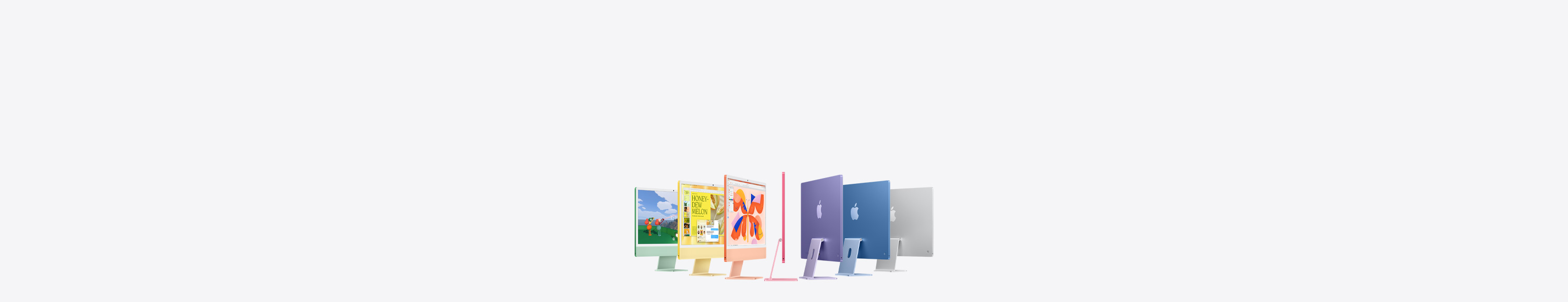 綠色、黃色、橙色、粉紅色、紫色、藍色與銀色七款 iMac 機型呈一列排開
