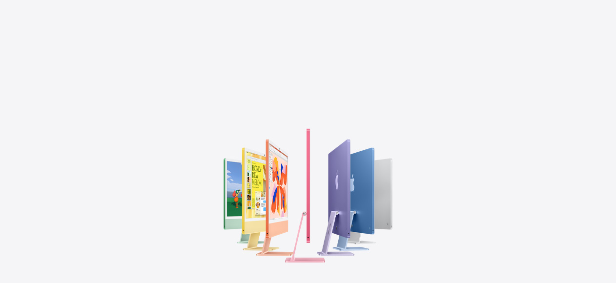 綠色、黃色、橙色、粉紅色、紫色、藍色與銀色七款 iMac 機型呈一列排開