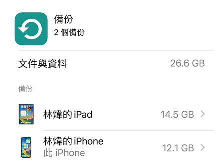 螢幕顯示 iCloud 備份的數據使用情況