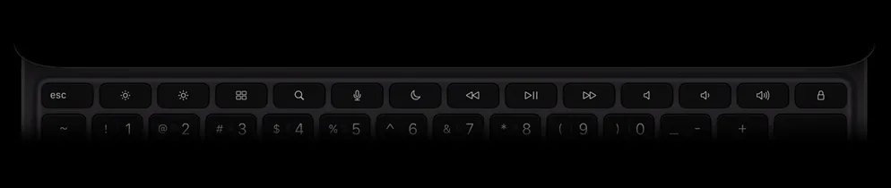 橫向放置的黑色巧控鍵盤俯視圖，展示 14 鍵功能鍵列