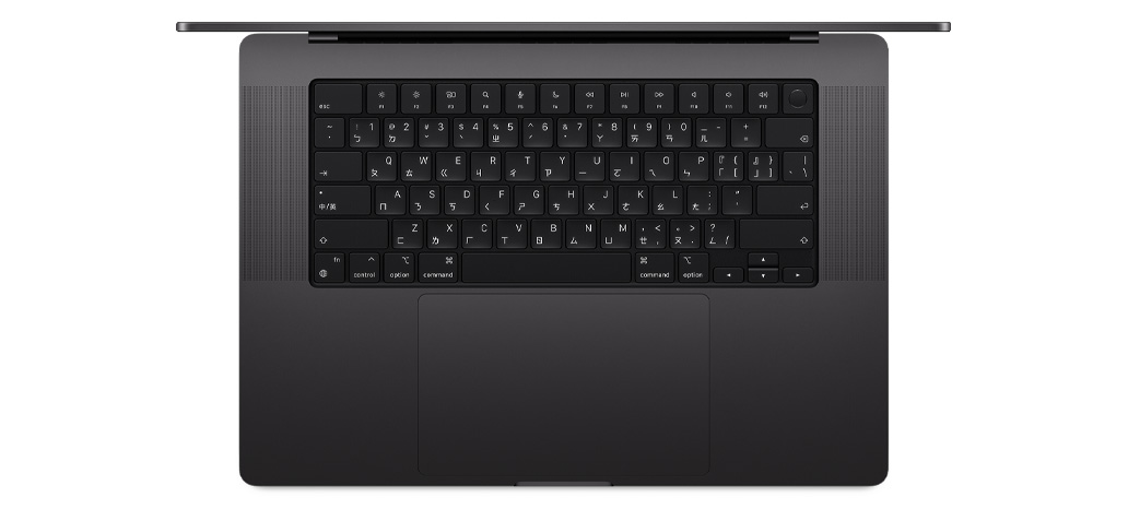 MacBook Pro 俯視圖，展示內建含 Touch ID 的巧控鍵盤與觸控式軌跡板。