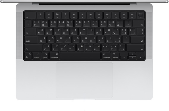 打開的 MacBook Pro 14 吋俯視圖，展示位於鍵盤下方的力度觸控板。